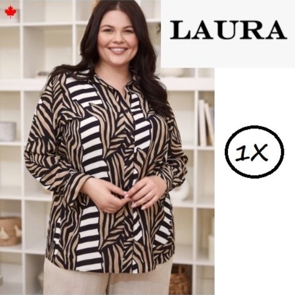 Laura Tops - NWT LAURA LEAF PRINT BUTTON UP BLOUSE Tunic Length button down overshirt shaket